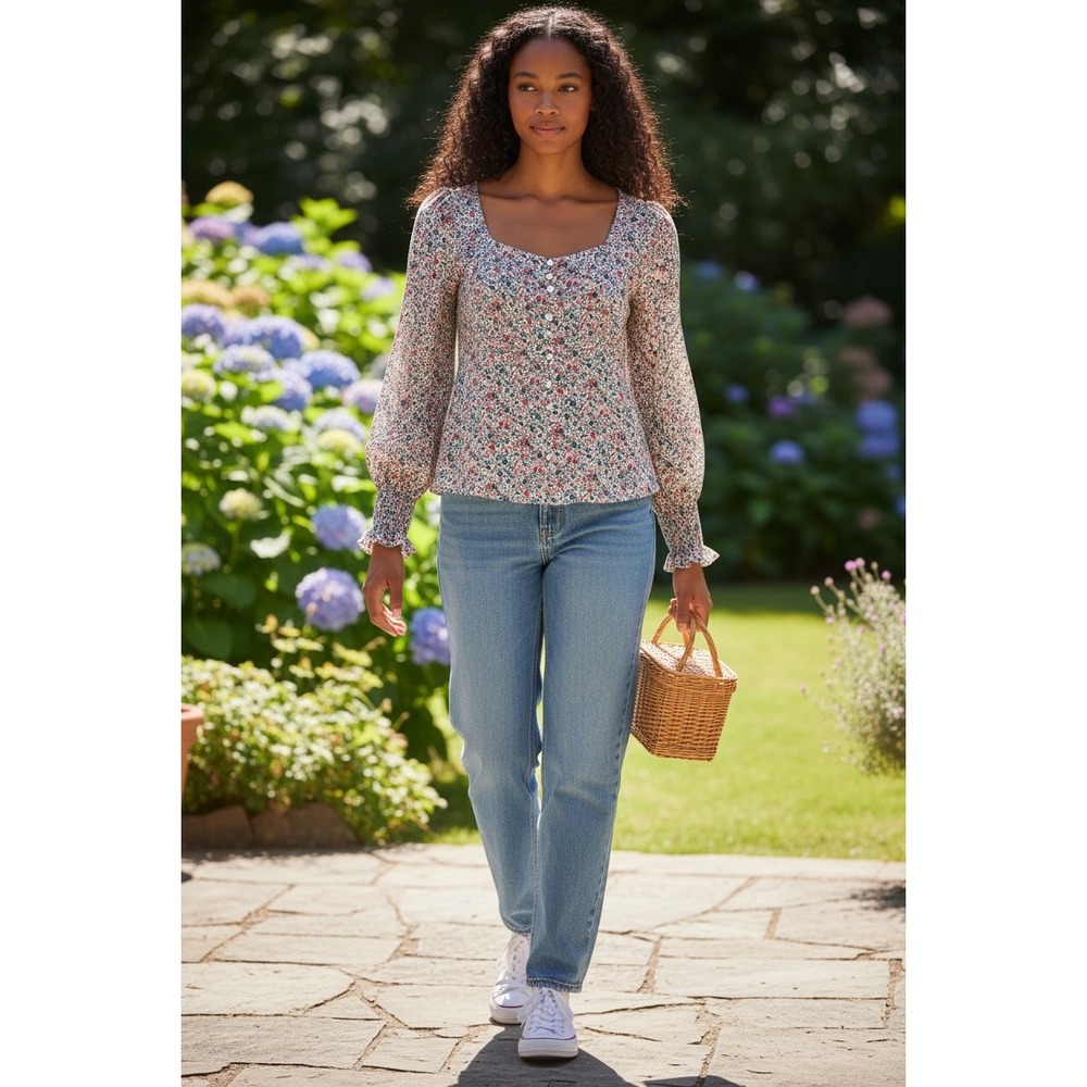 LOFT Floral Print Button Front Long Sleeve Blouse Women Size‎ S